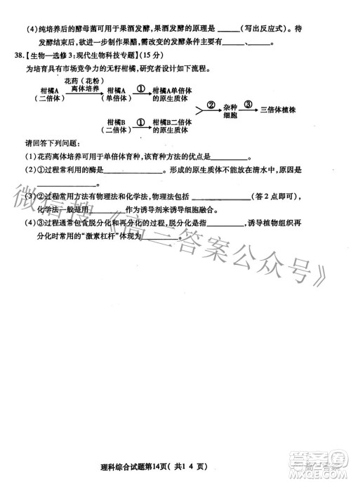临汾市2022年高考考前适应性训练考试二理科综合试题及答案 临汾市2022年高考考前适应性训练考试二理科综合试题及答案
