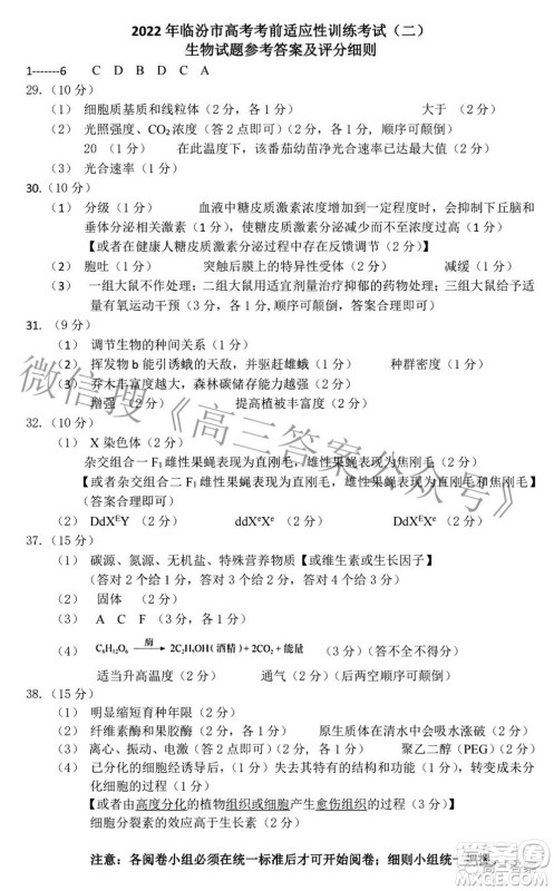 临汾市2022年高考考前适应性训练考试二理科综合试题及答案 临汾市2022年高考考前适应性训练考试二理科综合试题及答案