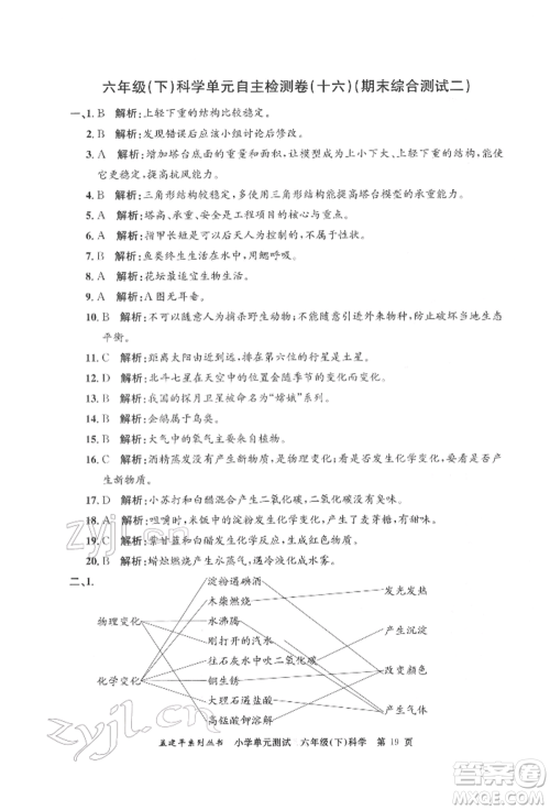 浙江工商大学出版社2022孟建平系列小学单元测试六年级下册科学教科版参考答案