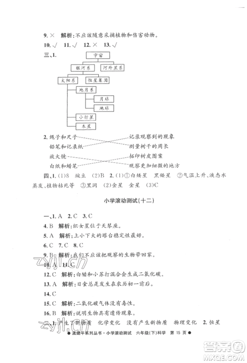 浙江工商大学出版社2022孟建平系列小学滚动测试六年级下册科学教科版参考答案 浙江工商大学出版社2022孟建平系列小学滚动测试六年级下册科学教科版参考答案