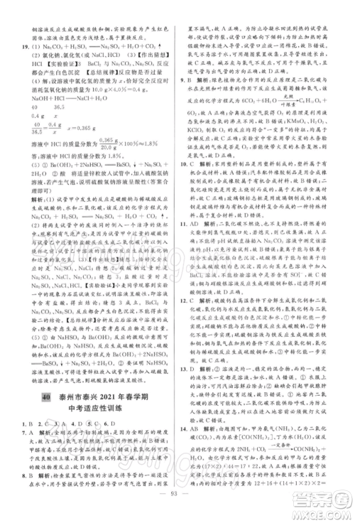 云南美术出版社2022亮点给力大试卷九年级下册化学沪教版参考答案