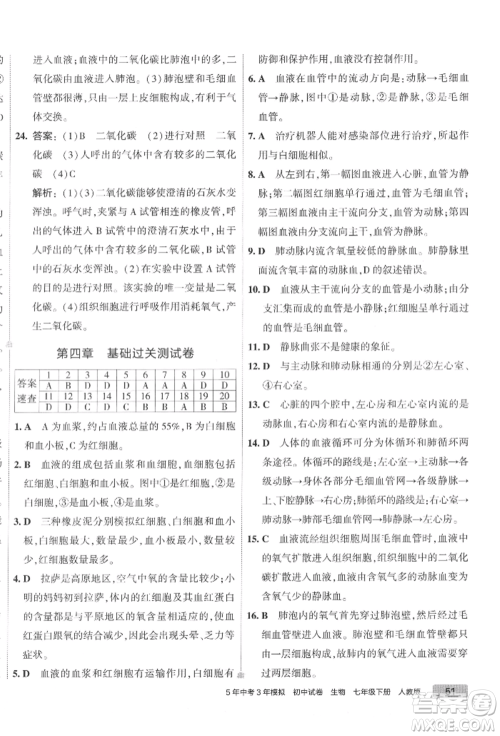 首都师范大学出版社2022年5年中考3年模拟初中试卷七年级下册生物人教版参考答案