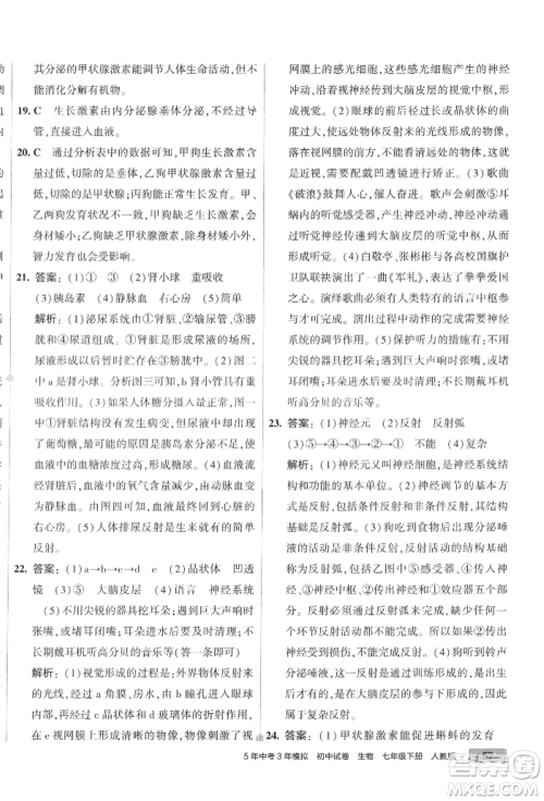 首都师范大学出版社2022年5年中考3年模拟初中试卷七年级下册生物人教版参考答案