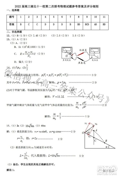 2022届高三湖北十一校第二次联考物理试题及答案