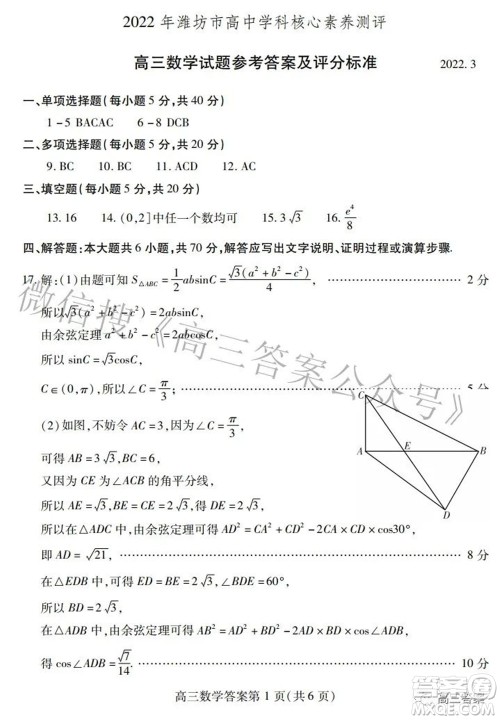 2022年潍坊市高中学科核心素养测评高三数学试题及答案