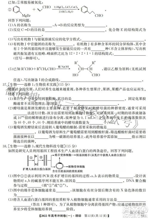 2022年高考冲刺卷一理科综合试题及答案