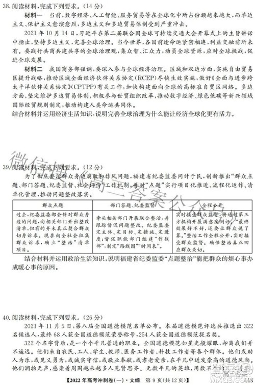 2022年高考冲刺卷一文科综合试题及答案