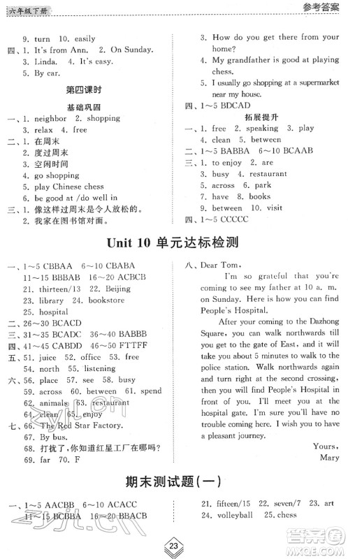 山东人民出版社2022综合能力训练六年级英语下册鲁教版五四学制答案