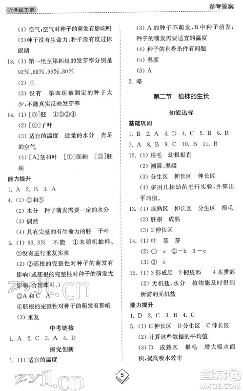 山东人民出版社2022综合能力训练六年级生物下册鲁科版五四学制答案