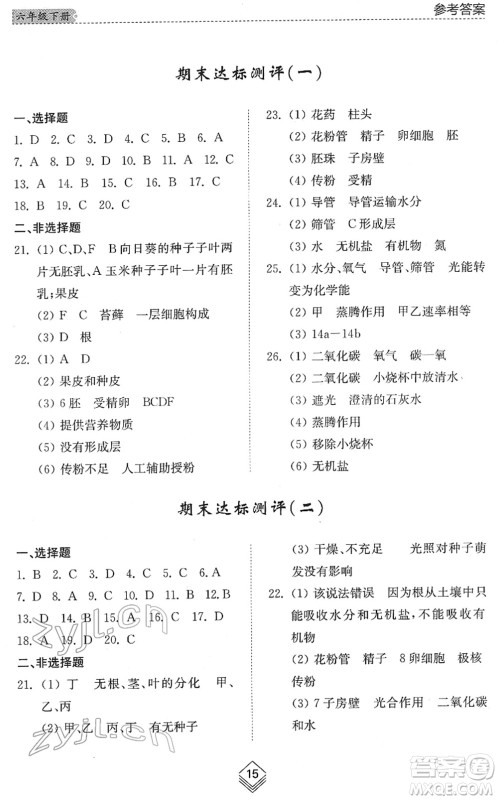 山东人民出版社2022综合能力训练六年级生物下册鲁科版五四学制答案