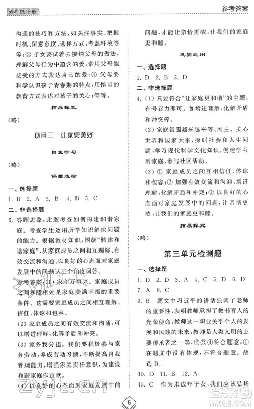 山东人民出版社2022综合能力训练六年级道德与法治下册人教版五四学制答案