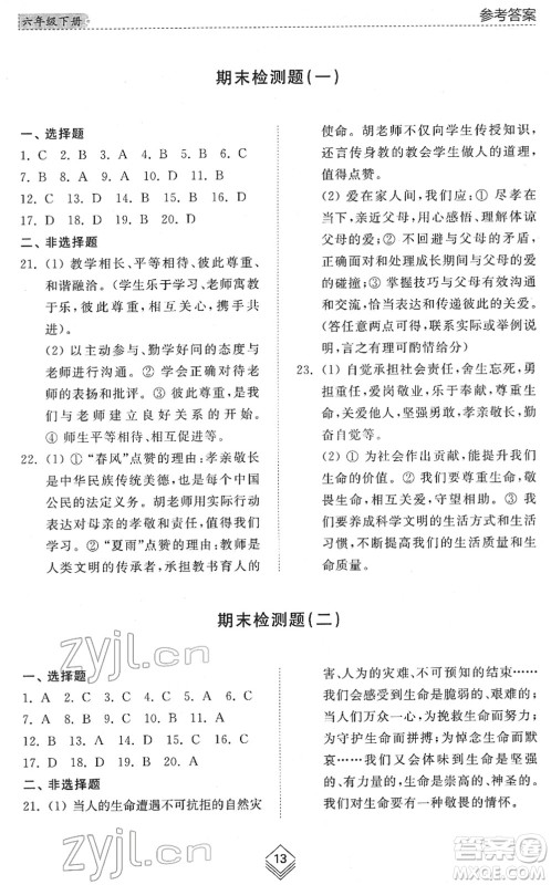 山东人民出版社2022综合能力训练六年级道德与法治下册人教版五四学制答案