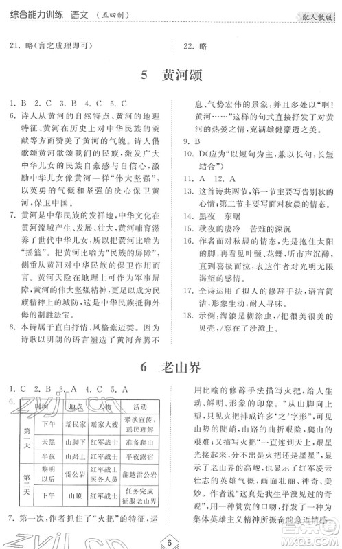 山东人民出版社2022综合能力训练七年级语文下册人教版五四学制答案 山东人民出版社2022综合能力训练七年级语文下册人教版五四学制答案