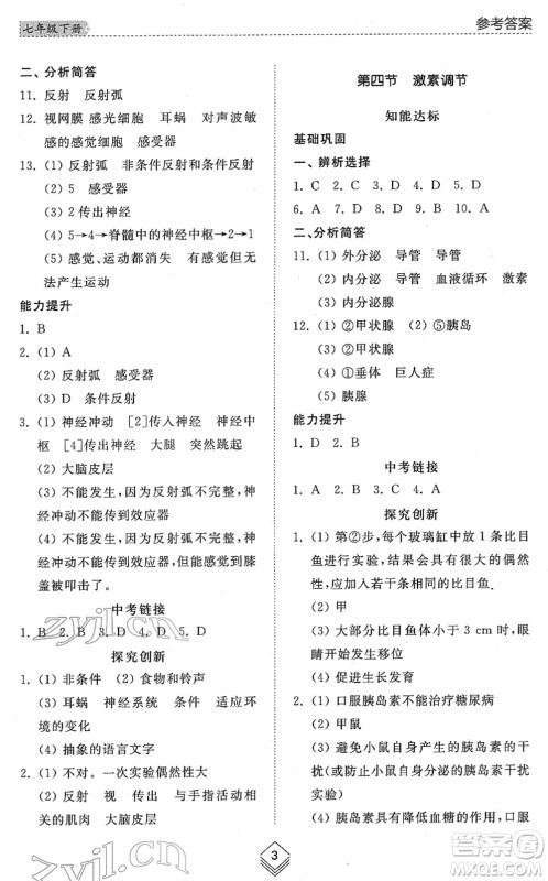 山东人民出版社2022综合能力训练七年级生物下册鲁科版五四学制答案