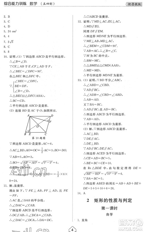 山东人民出版社2022综合能力训练八年级数学下册鲁教版五四学制答案