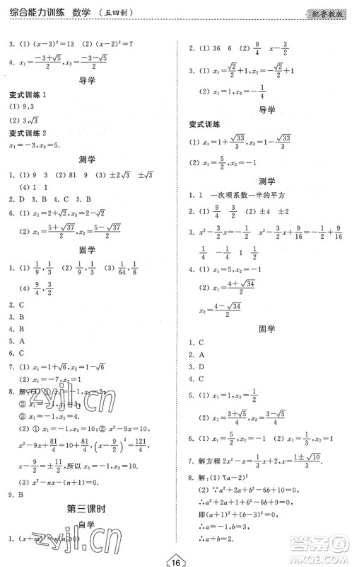 山东人民出版社2022综合能力训练八年级数学下册鲁教版五四学制答案