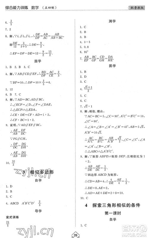 山东人民出版社2022综合能力训练八年级数学下册鲁教版五四学制答案