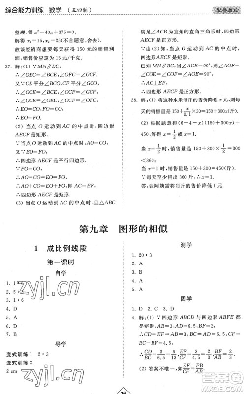 山东人民出版社2022综合能力训练八年级数学下册鲁教版五四学制答案