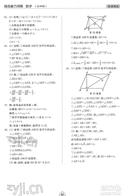 山东人民出版社2022综合能力训练八年级数学下册鲁教版五四学制答案