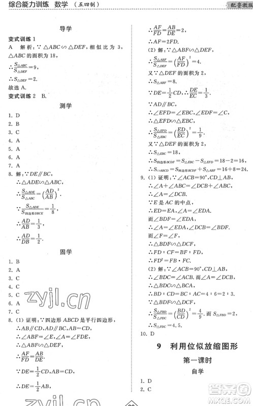 山东人民出版社2022综合能力训练八年级数学下册鲁教版五四学制答案