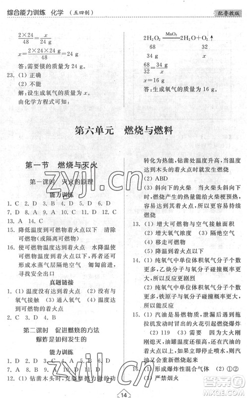 山东人民出版社2022综合能力训练八年级化学下册鲁教版五四学制答案
