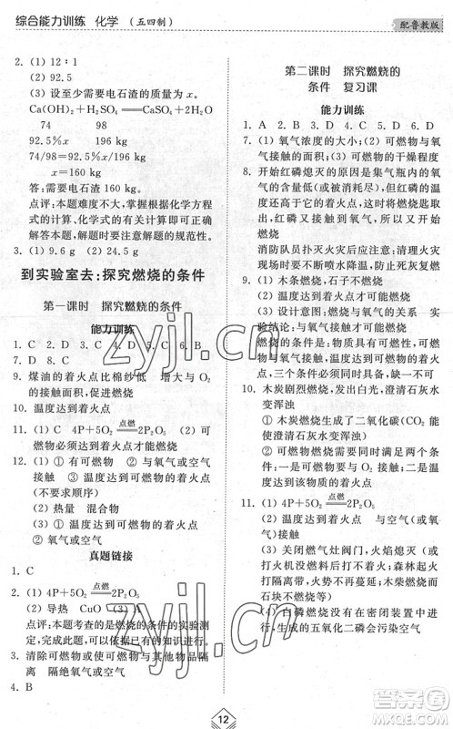 山东人民出版社2022综合能力训练八年级化学下册鲁教版五四学制答案