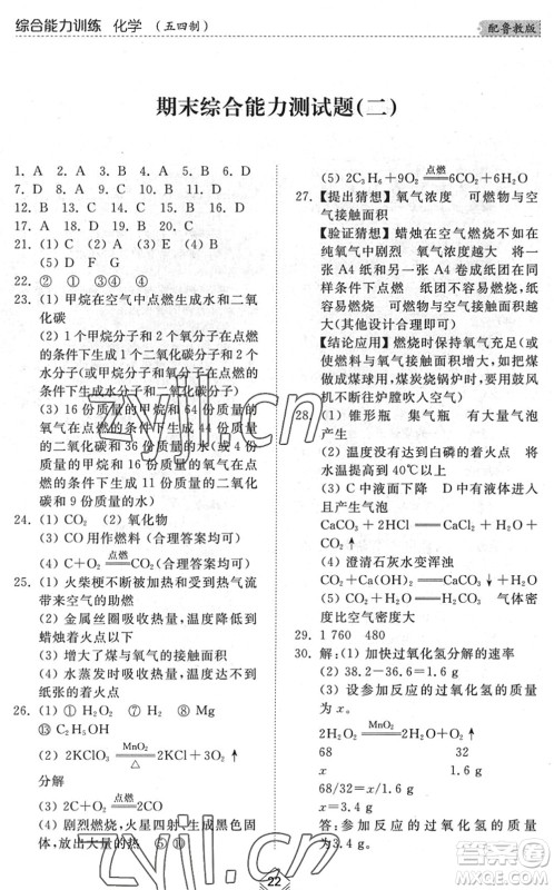 山东人民出版社2022综合能力训练八年级化学下册鲁教版五四学制答案