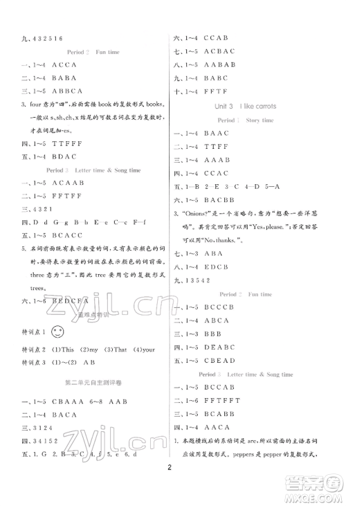 江苏人民出版社2022实验班提优训练一年级下册英语译林版江苏专版参考答案
