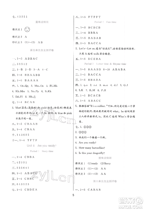 江苏人民出版社2022实验班提优训练一年级下册英语译林版江苏专版参考答案