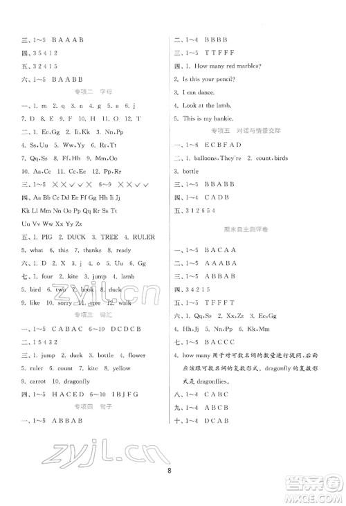 江苏人民出版社2022实验班提优训练一年级下册英语译林版江苏专版参考答案
