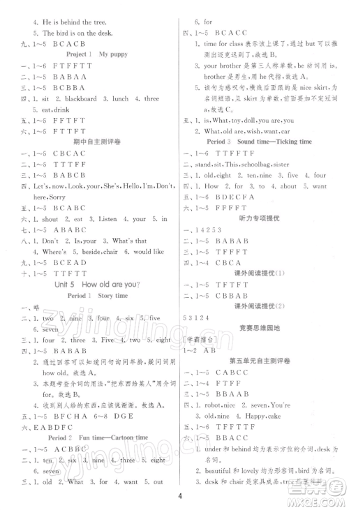 江苏人民出版社2022实验班提优训练三年级下册英语译林版江苏专版参考答案