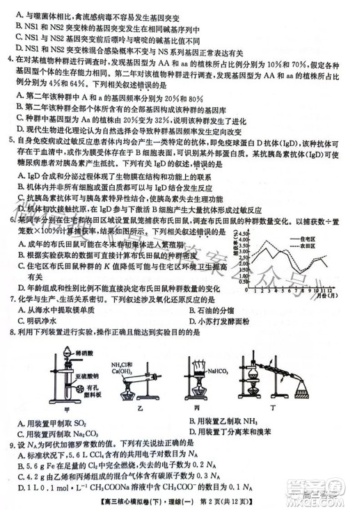 九师联盟2021-2022学年高三核心模拟卷下一理科综合试题及答案