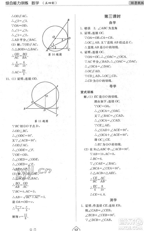 山东人民出版社2022综合能力训练九年级数学全一册(2)鲁教版五四学制答案