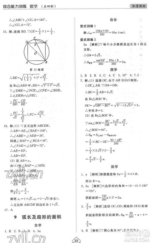 山东人民出版社2022综合能力训练九年级数学全一册(2)鲁教版五四学制答案