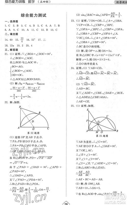 山东人民出版社2022综合能力训练九年级数学全一册(2)鲁教版五四学制答案