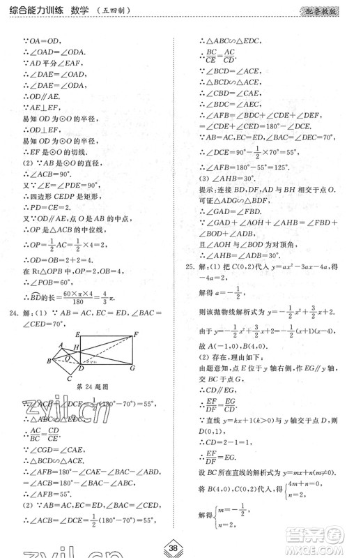 山东人民出版社2022综合能力训练九年级数学全一册(2)鲁教版五四学制答案