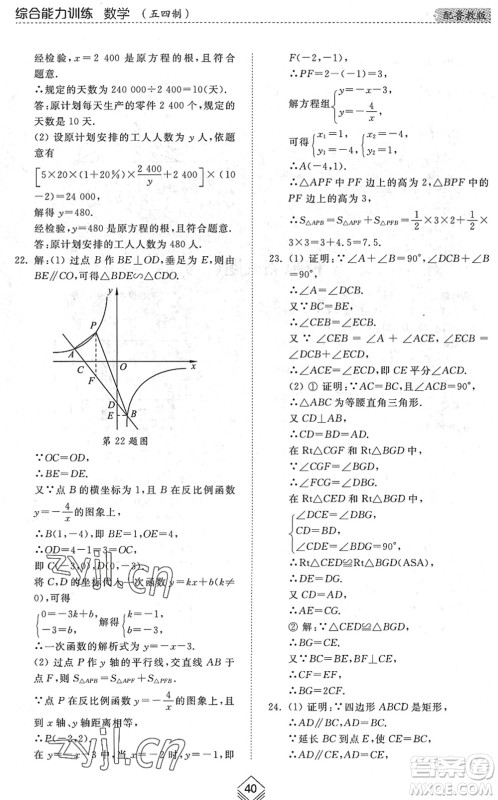 山东人民出版社2022综合能力训练九年级数学全一册(2)鲁教版五四学制答案