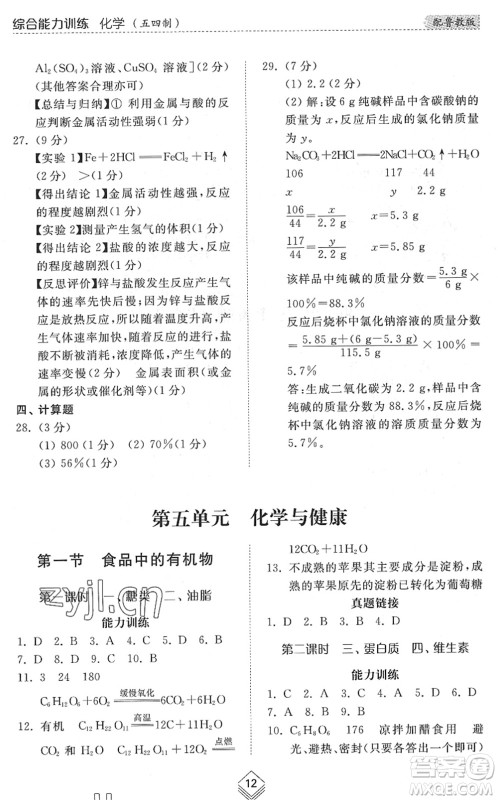 山东人民出版社2022综合能力训练九年级化学全一册(2)鲁教版五四学制答案