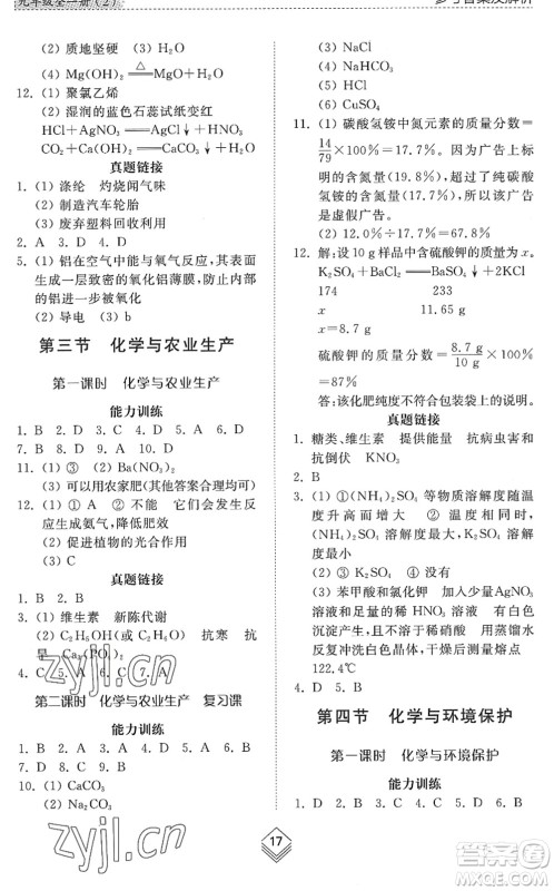 山东人民出版社2022综合能力训练九年级化学全一册(2)鲁教版五四学制答案