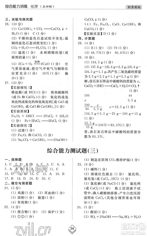 山东人民出版社2022综合能力训练九年级化学全一册(2)鲁教版五四学制答案