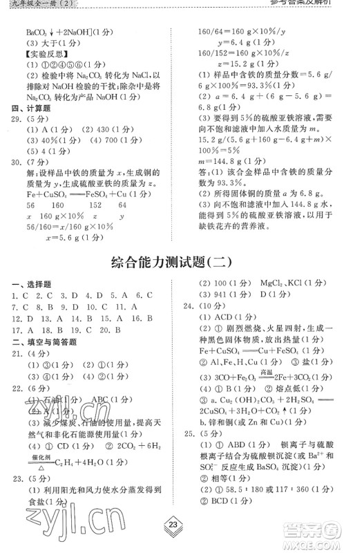 山东人民出版社2022综合能力训练九年级化学全一册(2)鲁教版五四学制答案