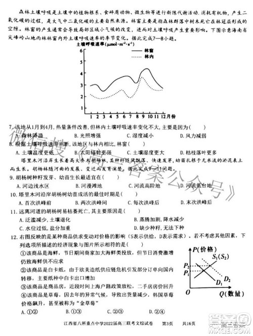 江西省八所重点中学2022届高三联考文科综合试题及答案