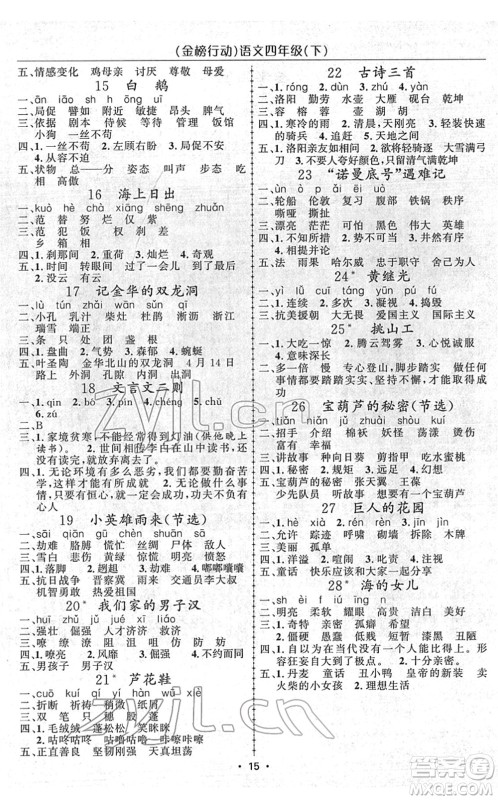 新疆文化出版社2022金榜行动四年级语文下册人教版答案 新疆文化出版社2022金榜行动四年级语文下册人教版答案