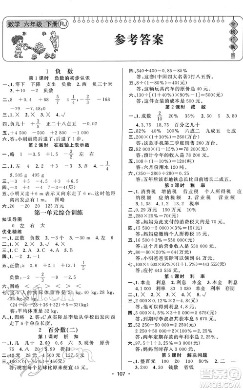 新疆文化出版社2022金榜行动六年级数学下册R人教版答案
