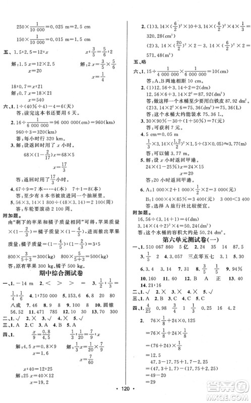 新疆文化出版社2022金榜行动六年级数学下册R人教版答案