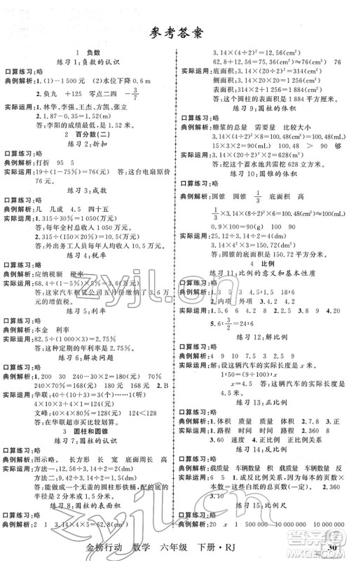 新疆文化出版社2022金榜行动六年级数学下册R人教版答案
