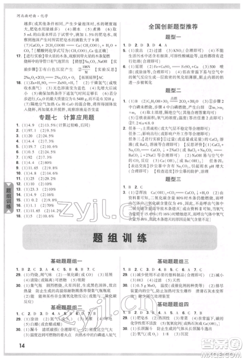新疆青少年出版社2022中考面对面九年级化学通用版河北专版参考答案