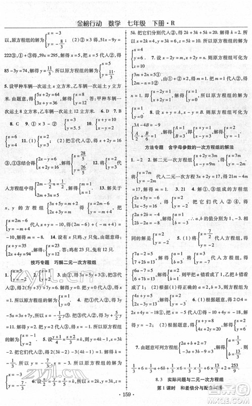 云南美术出版社2022金榜行动课时导学案七年级数学下册R人教版答案