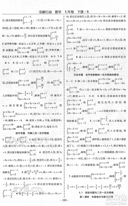 云南美术出版社2022金榜行动课时导学案七年级数学下册R人教版答案