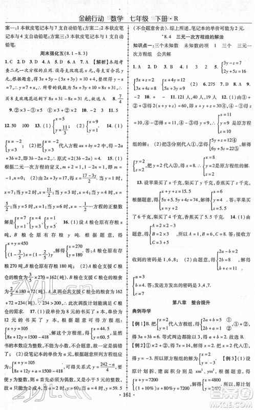 云南美术出版社2022金榜行动课时导学案七年级数学下册R人教版答案